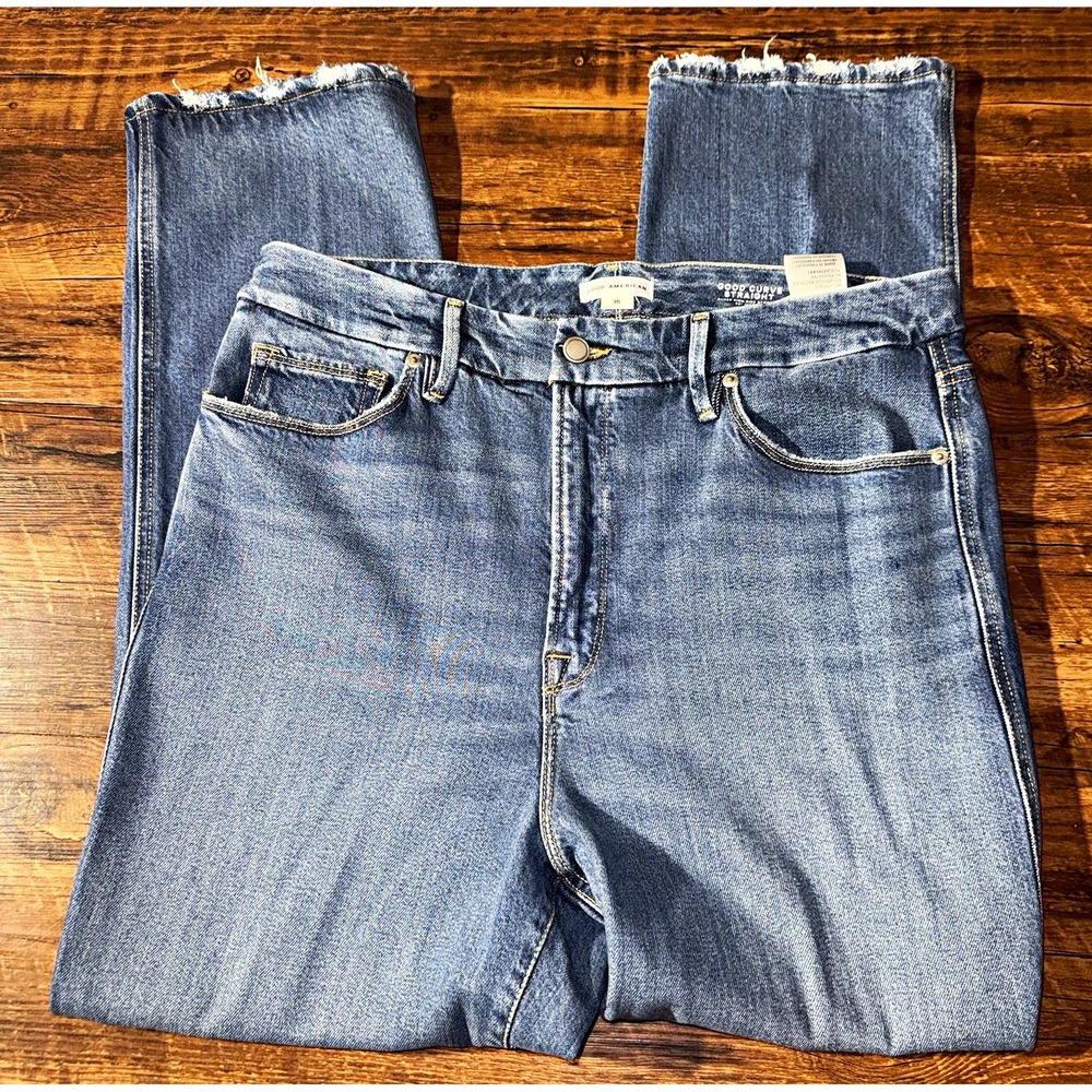 Good American Good Curve Straight Super High Rise Blue Jeans Frayed Hem Size 15